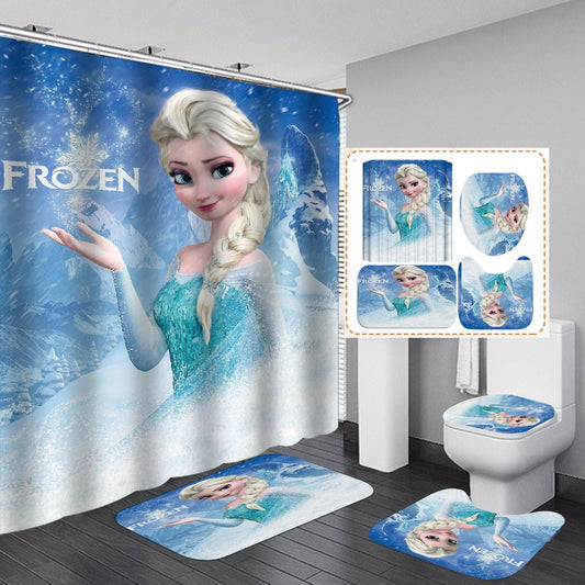 Cartoon Mermaid Design Shower Curtain Bathroom SetsNon-Slip Toilet Lid Cover