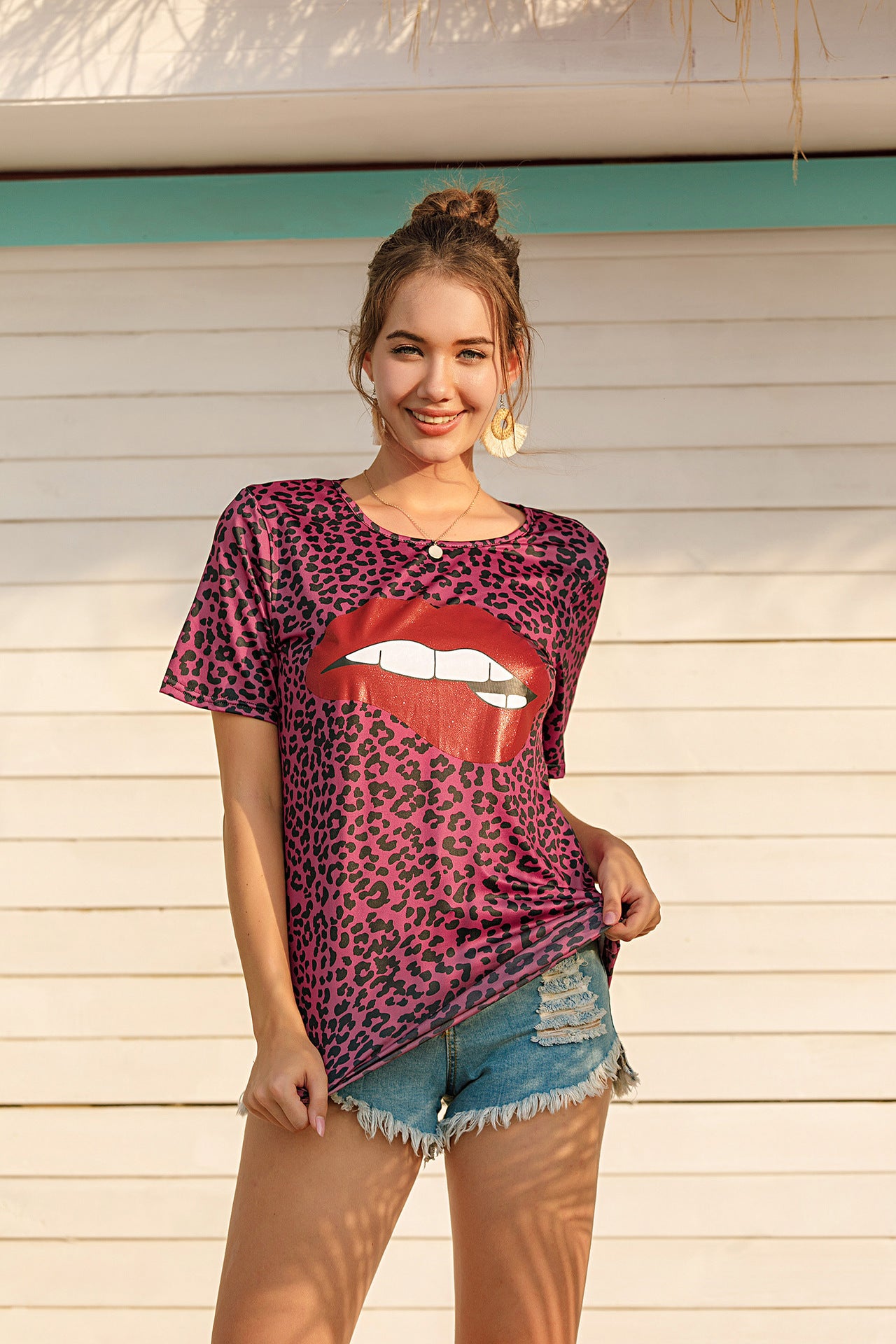 Casual Lip Print Short Sleeves T Shirts for Women