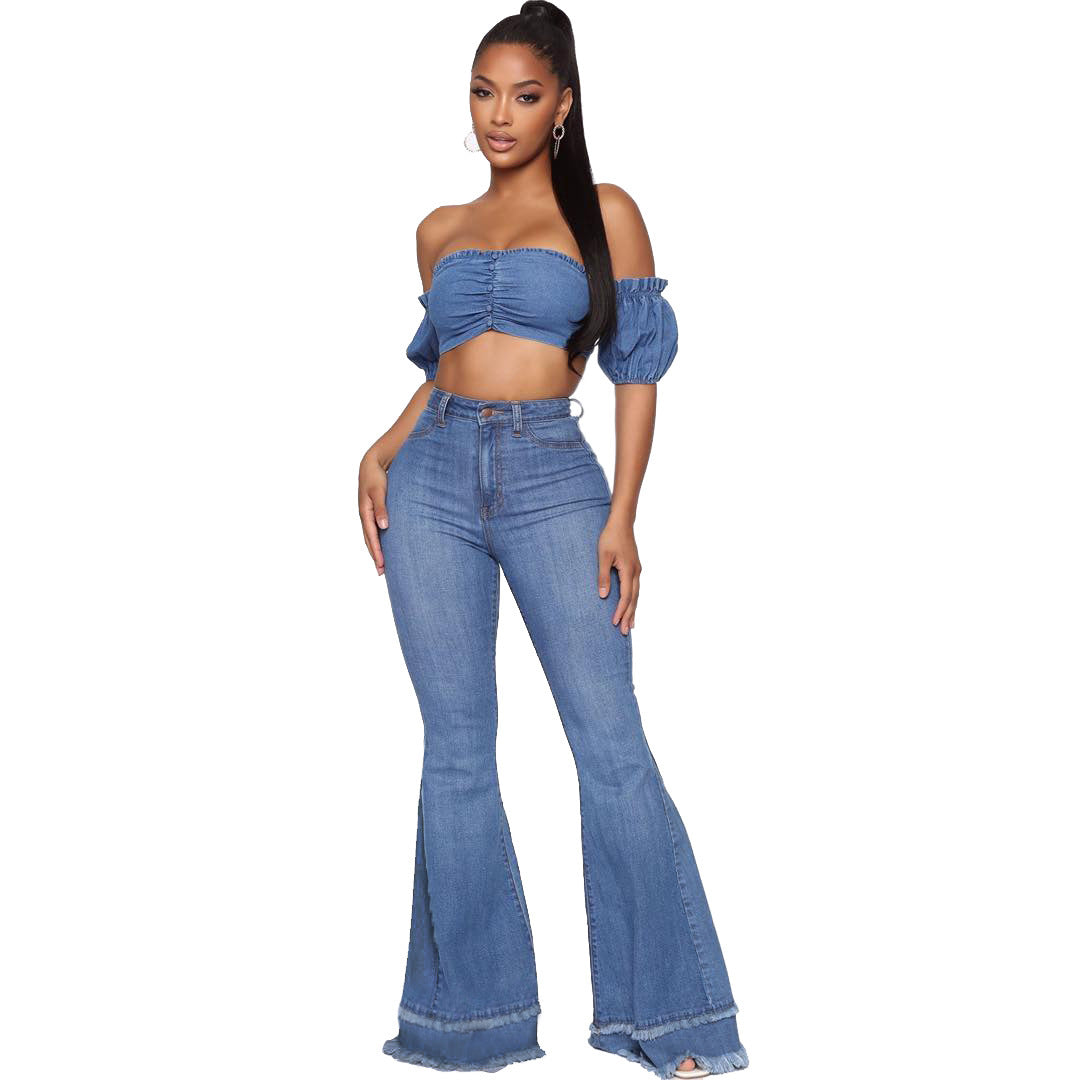 Casual Women Trumpet Flare Jeans and Strapless Tops