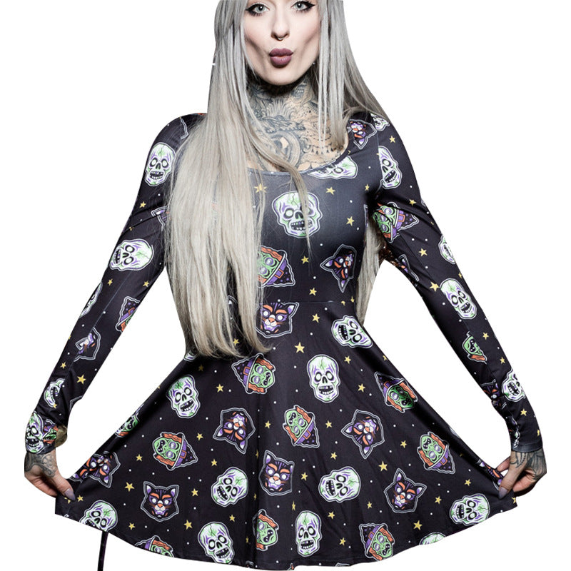 Halloween Skeleton Print Short Dresses