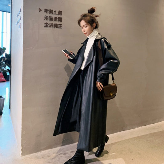 Women Black PU Leather Long Overcoats