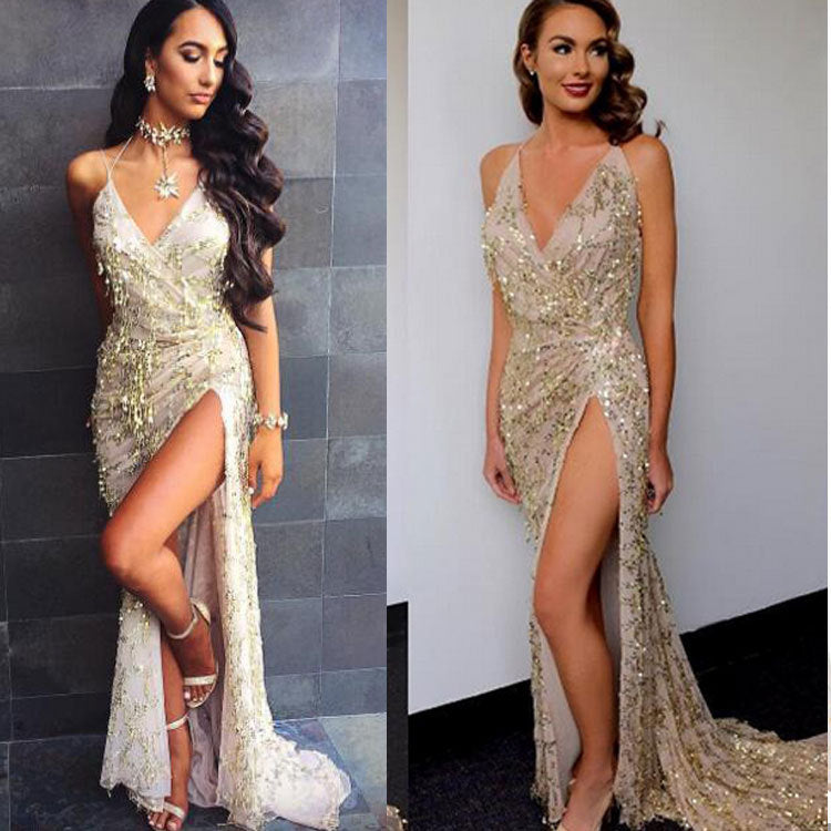 Sexy Backless Sequin Long Evening Dresses