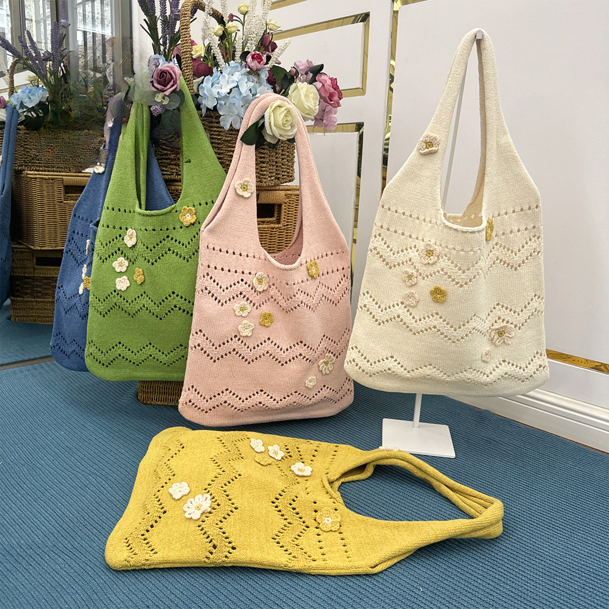 3D Floral Design Women Crochet Shoulder Bags