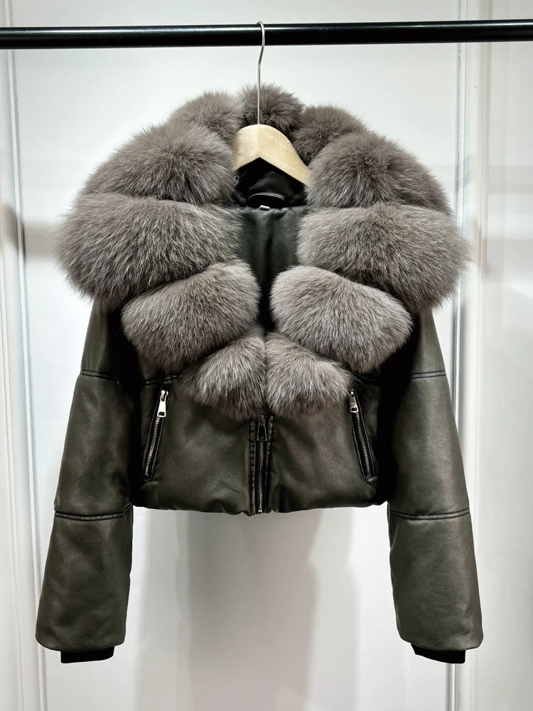 Fashion Fox Fur Women Winter Short PU Leather Jacket Warm Coat