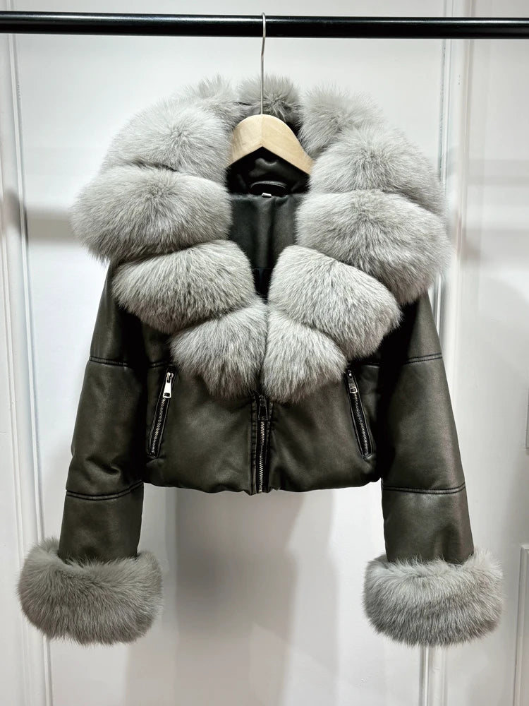 Fashion Fox Fur Women Winter Short PU Leather Jacket Warm Coat