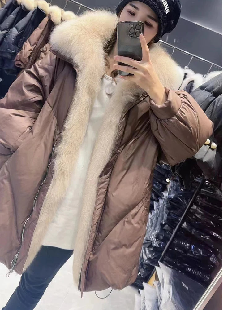 Fashion Fox Fur Winter Women Goose Down Jacket Coats