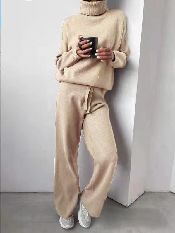 Casual High Neck Two Pieces Knitted Tops & Wide Legs Pants