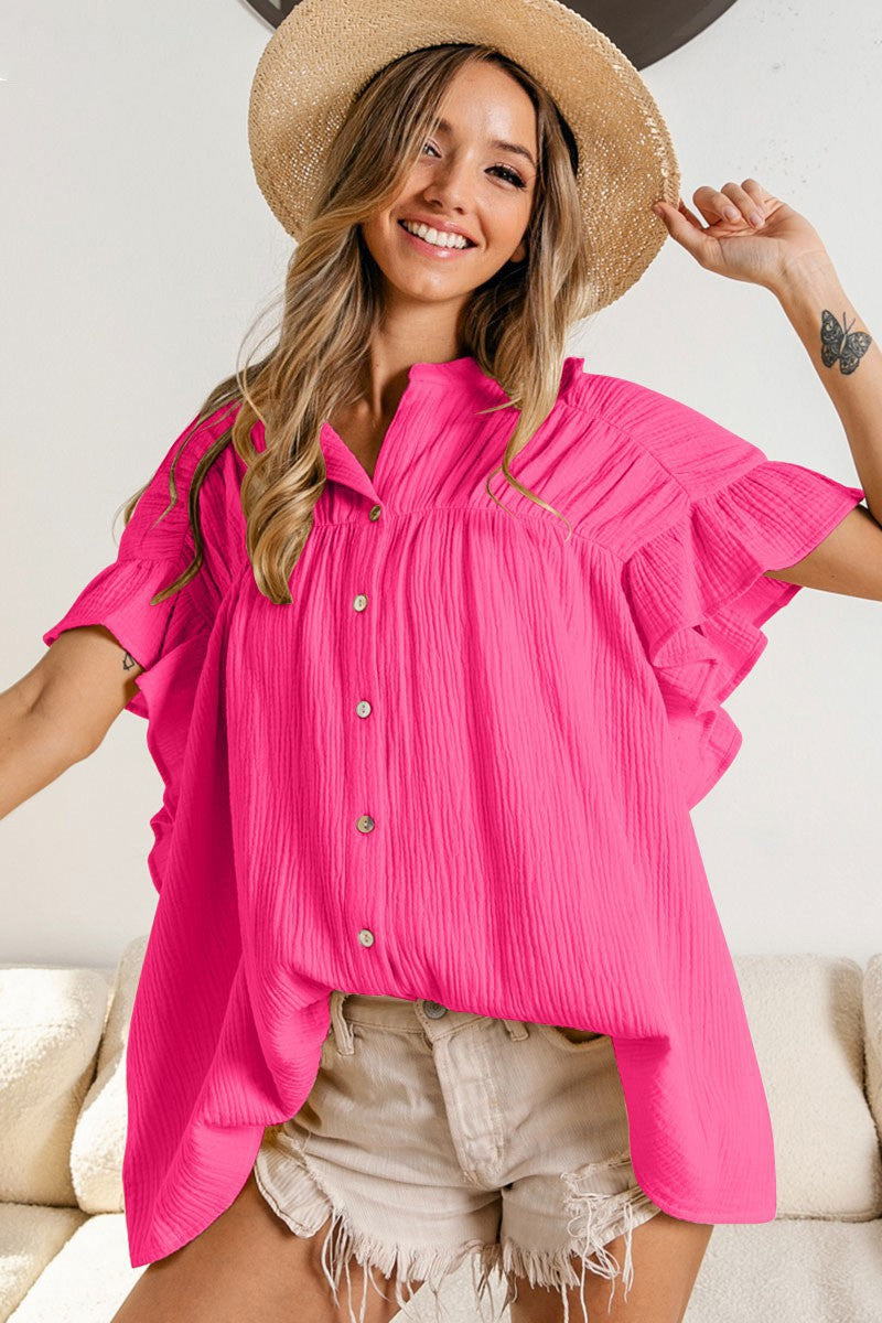 Fashion Stand Collar Ruffled Short Sleeves Shirts