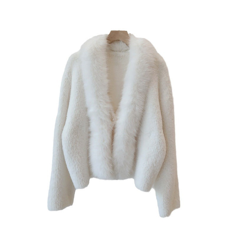 White Fox Fur Neck Short Knitted Jackets for Women