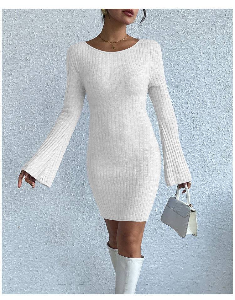 Sexy Knitted Backless Trumpet Sleeves Mini Dresses