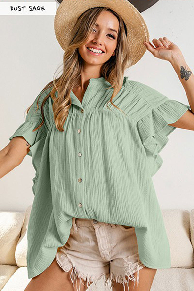 Fashion Stand Collar Ruffled Short Sleeves Shirts