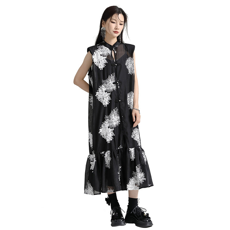 Vintage Embroidery Sleeveless Long Black Dresses with Belt