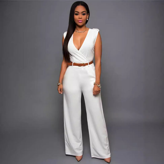 Fashion V Neck High Waist Irregular Wide Legs Jumpsuits