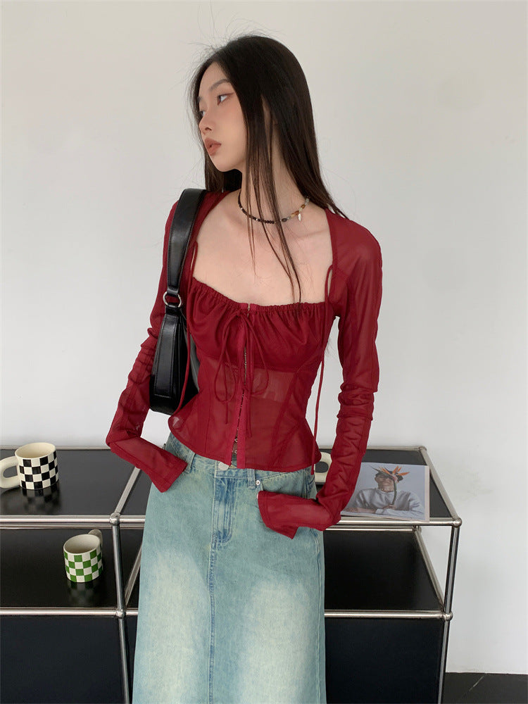 Fashion Square Neckline Tulle Long Sleeves Wine Red Summer Shirts