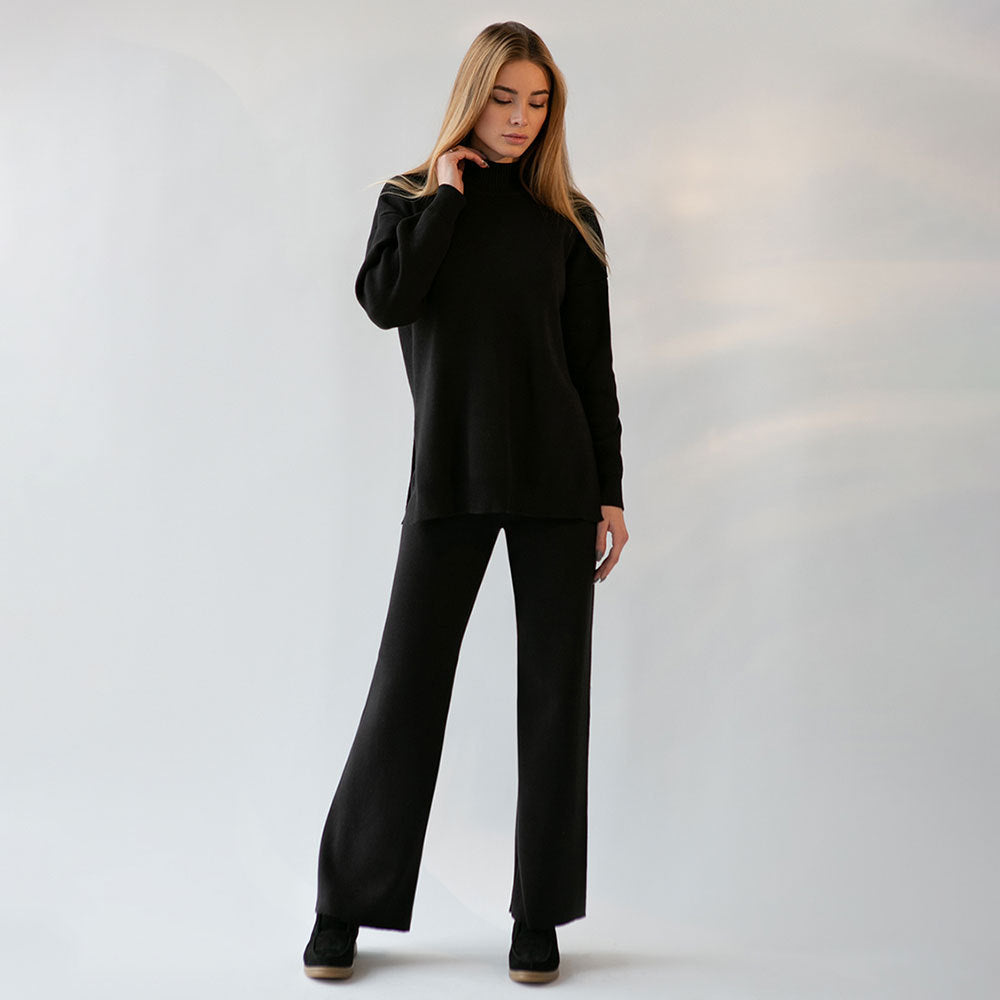 Casual High Neck Knitted Two Pieces Women Suits