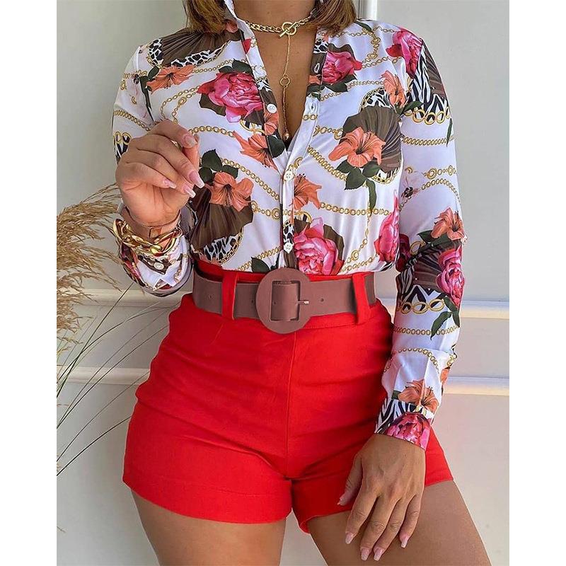 Casual Summer Stand Collar Long Sleeves Shirts and Shorts Without Belt