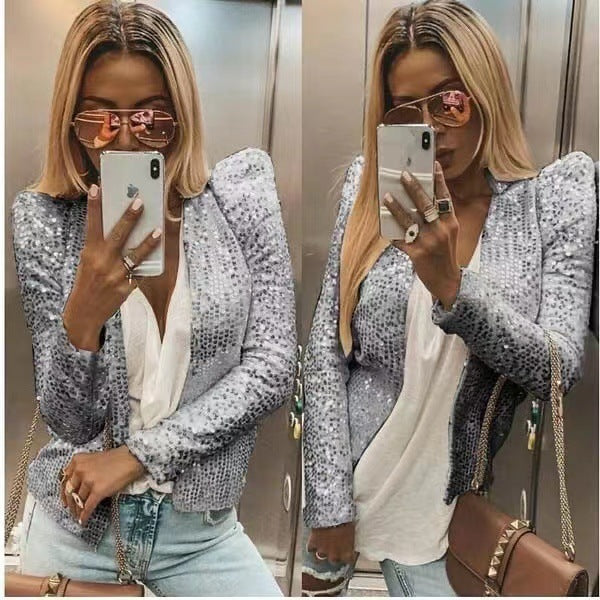 Fashion Stand Collar Sequined Short Coats for Women