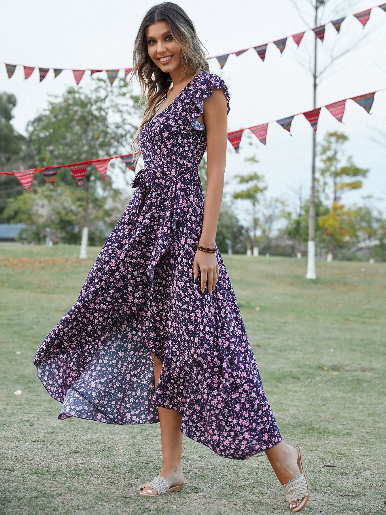 Bohemian V Neck Summer Vacation Long Dresses