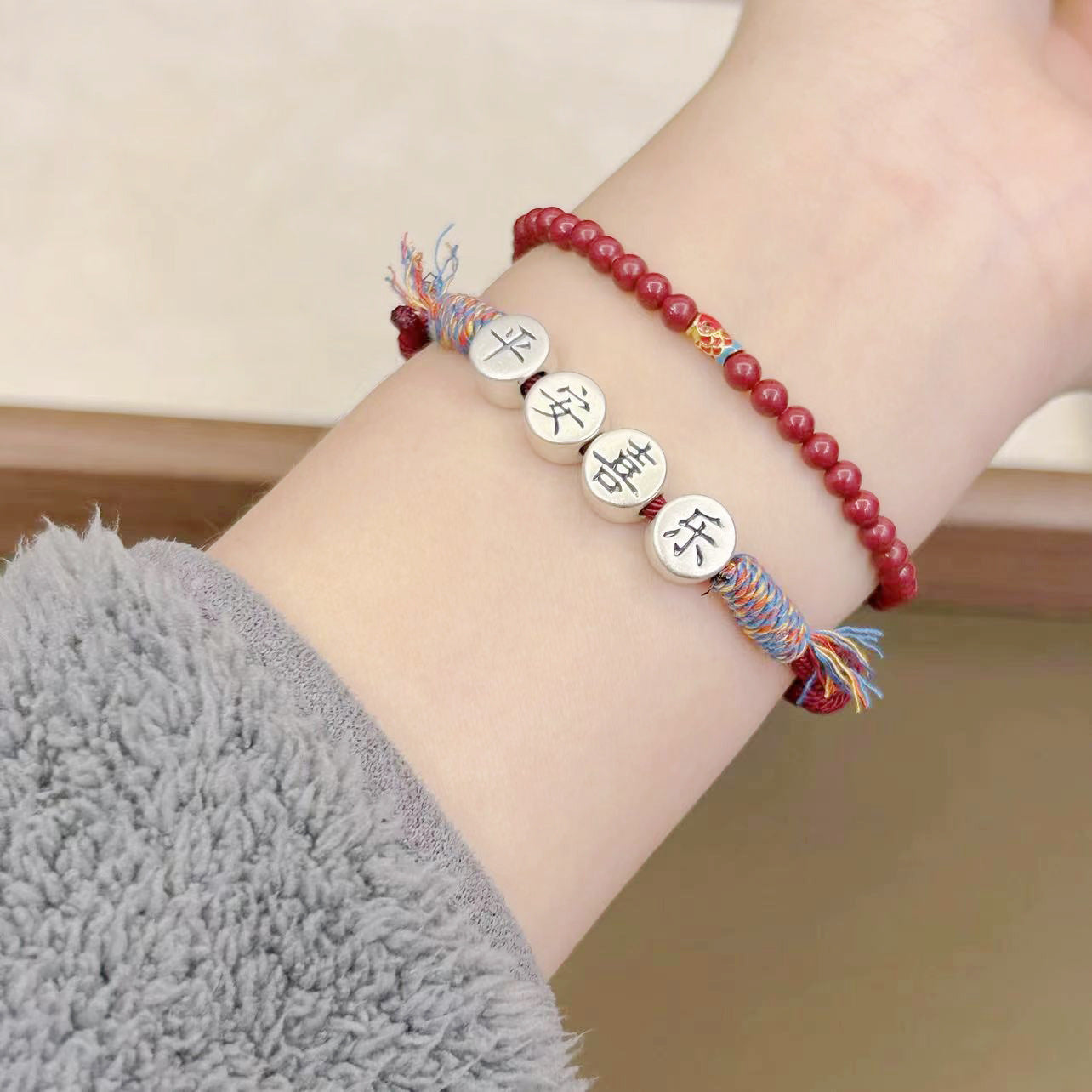 999 Silver Double-sided Peace and Joy Women's Woven Red Rope Bracelets