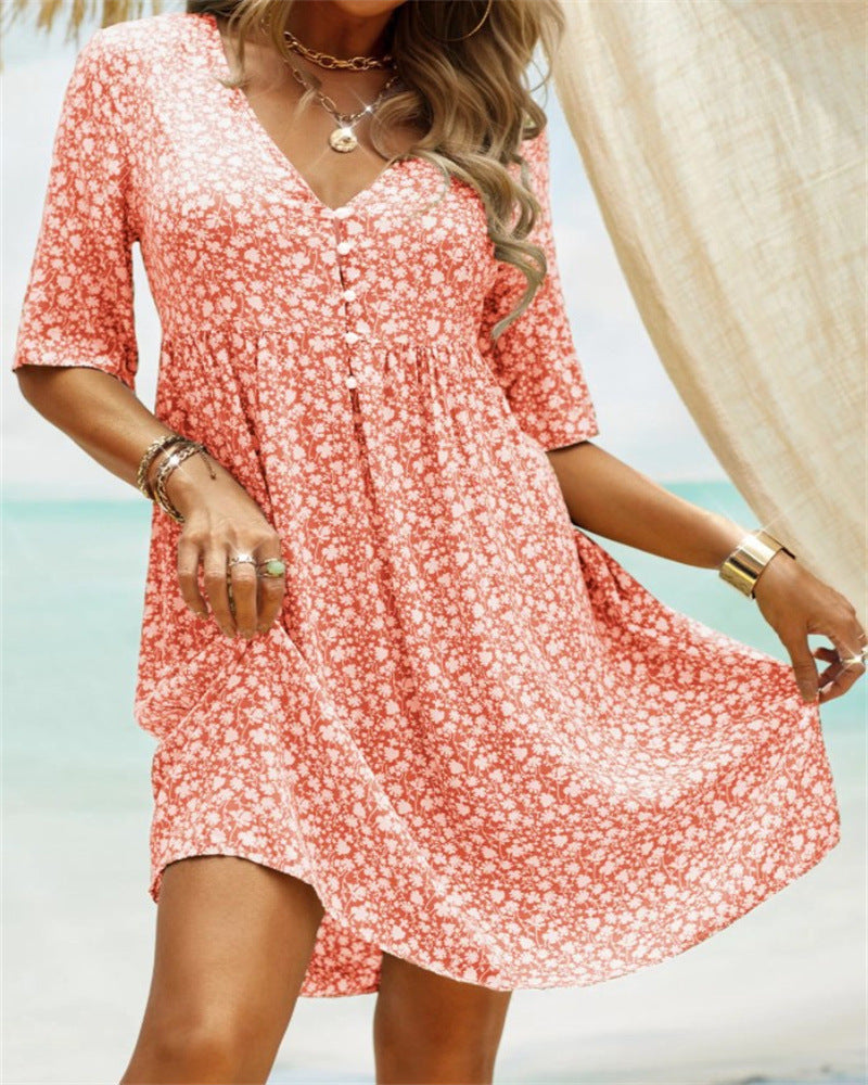 Casual Summer V Neck Button Short Sleeves Daily Dresses