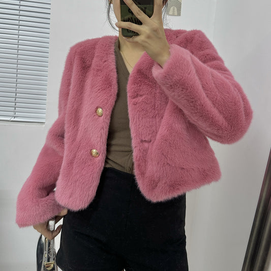 Fashion V Neck Faux Fur Short Coats