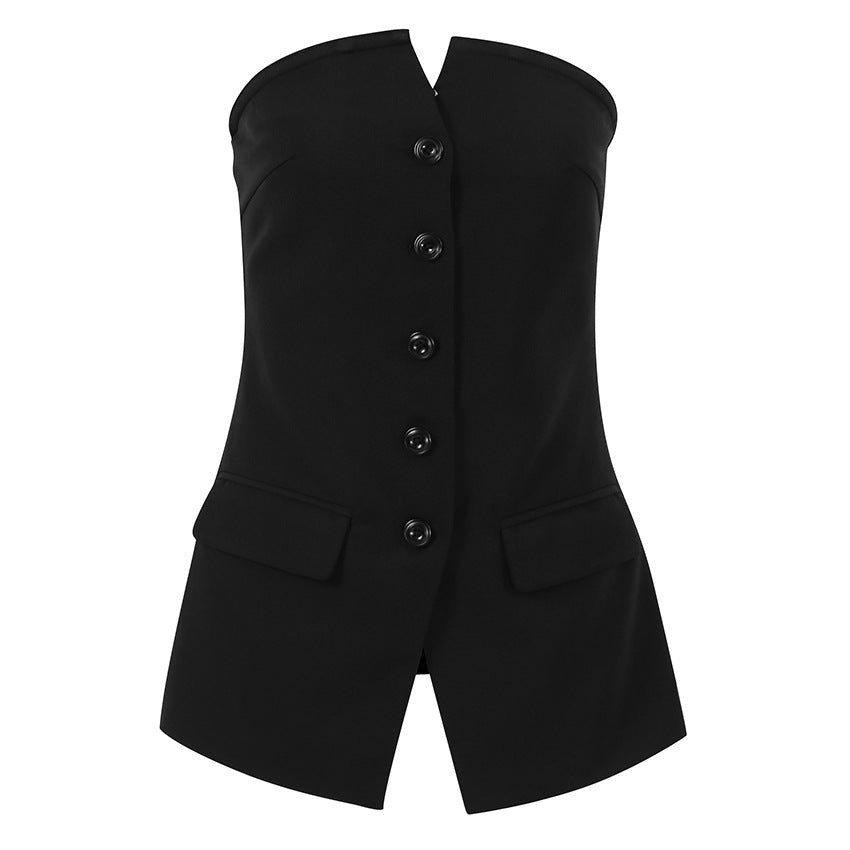 Fashion Designed Black Sleeveless Vest with Button