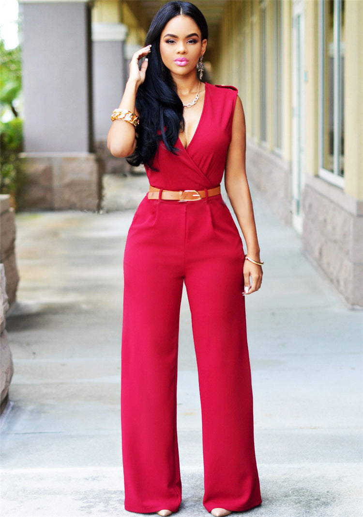 Fashion V Neck High Waist Irregular Wide Legs Jumpsuits