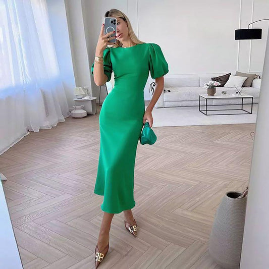 Elegant Round Neck High Waist Midi Dresses