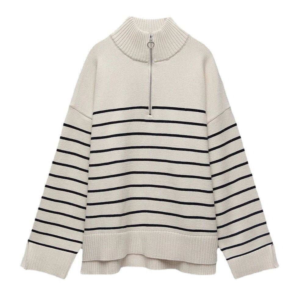 Fashion Striped Zipper High Neck Knitted Sweaters