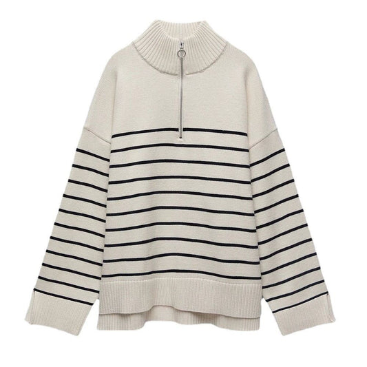 Fashion Striped Zipper High Neck Knitted Sweaters