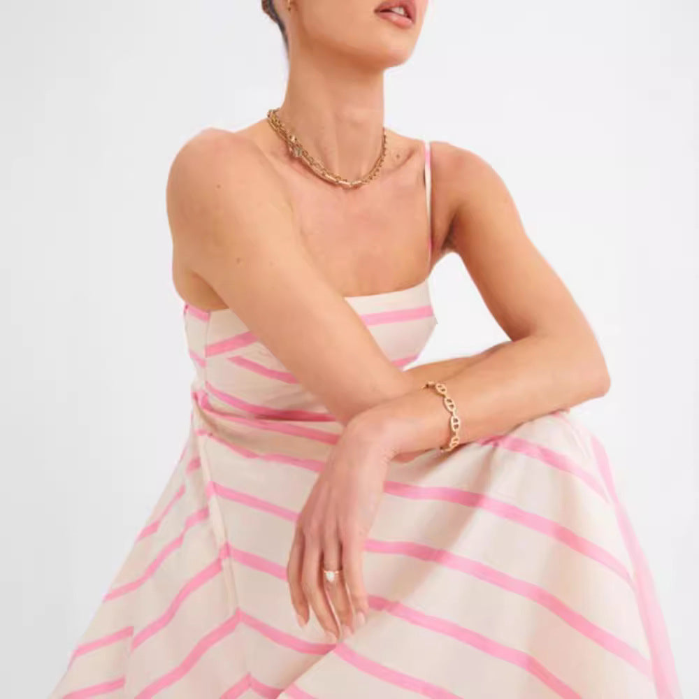 Summer Pink Striped Sleeveless Long Dresses