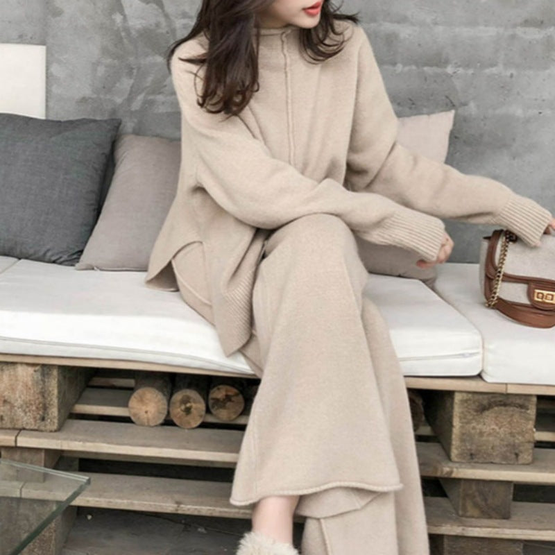 Casual Turnover Collar Two Pieces Knitted Suits for Women