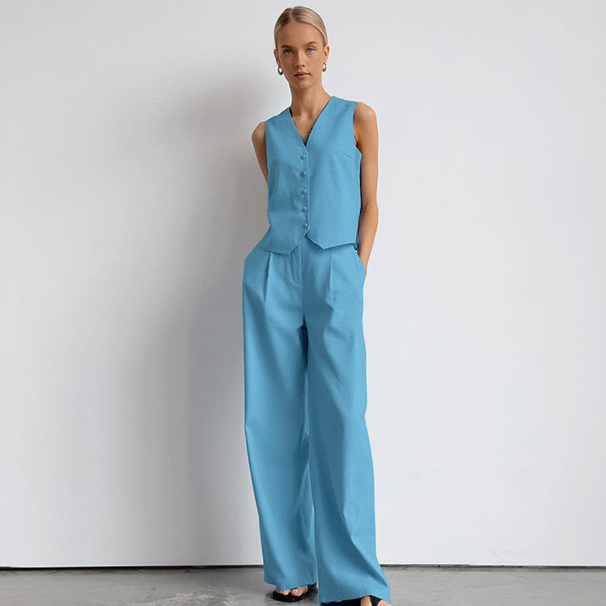 Casual V Neck Sleeveless Tops and Pant Suits
