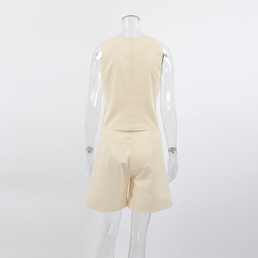Ivory Cotton Linen Sleeveless Vest and Shorts Suits