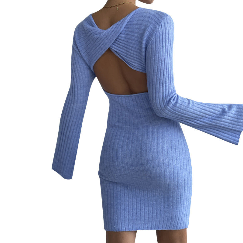 Sexy Knitted Backless Trumpet Sleeves Mini Dresses
