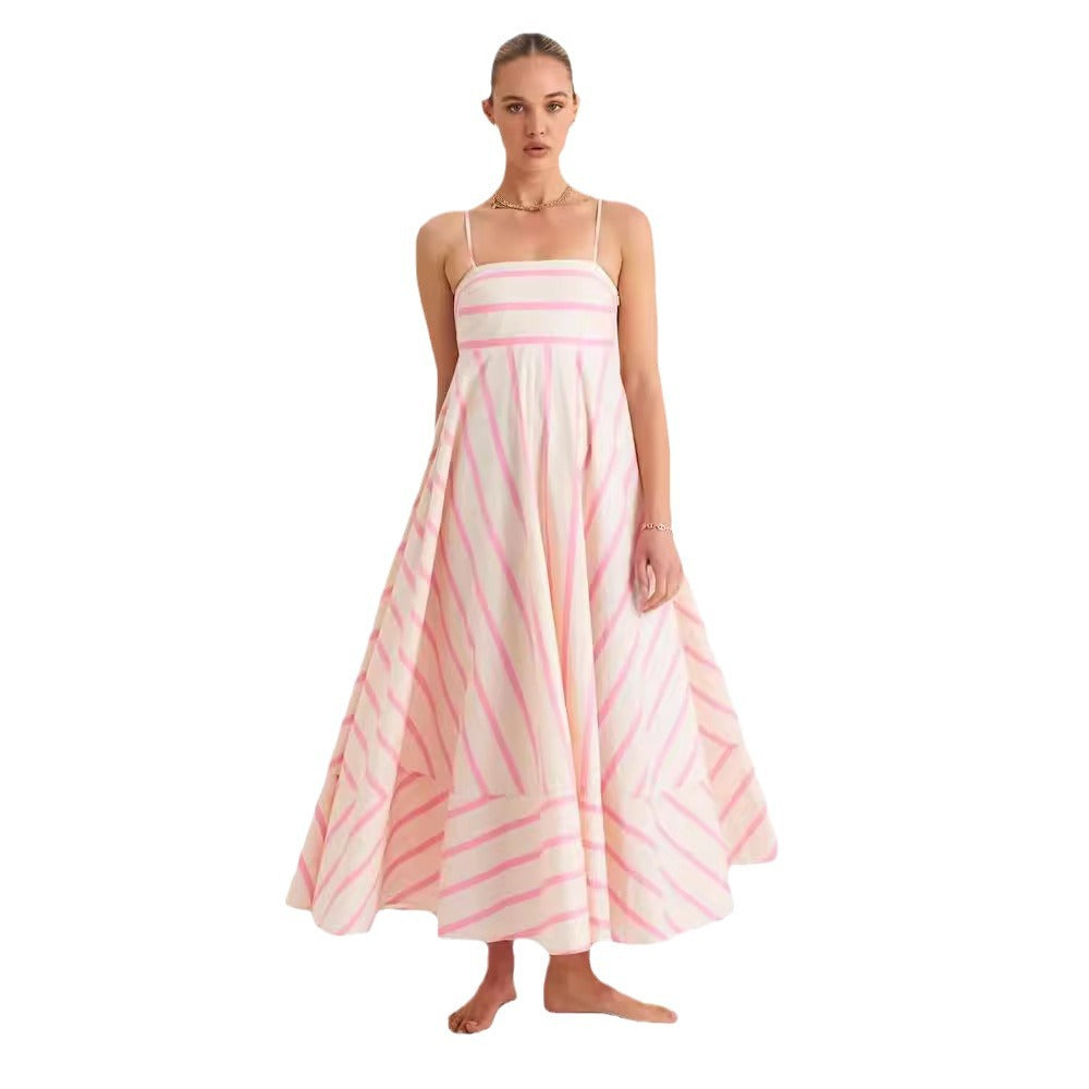 Summer Pink Striped Sleeveless Long Dresses