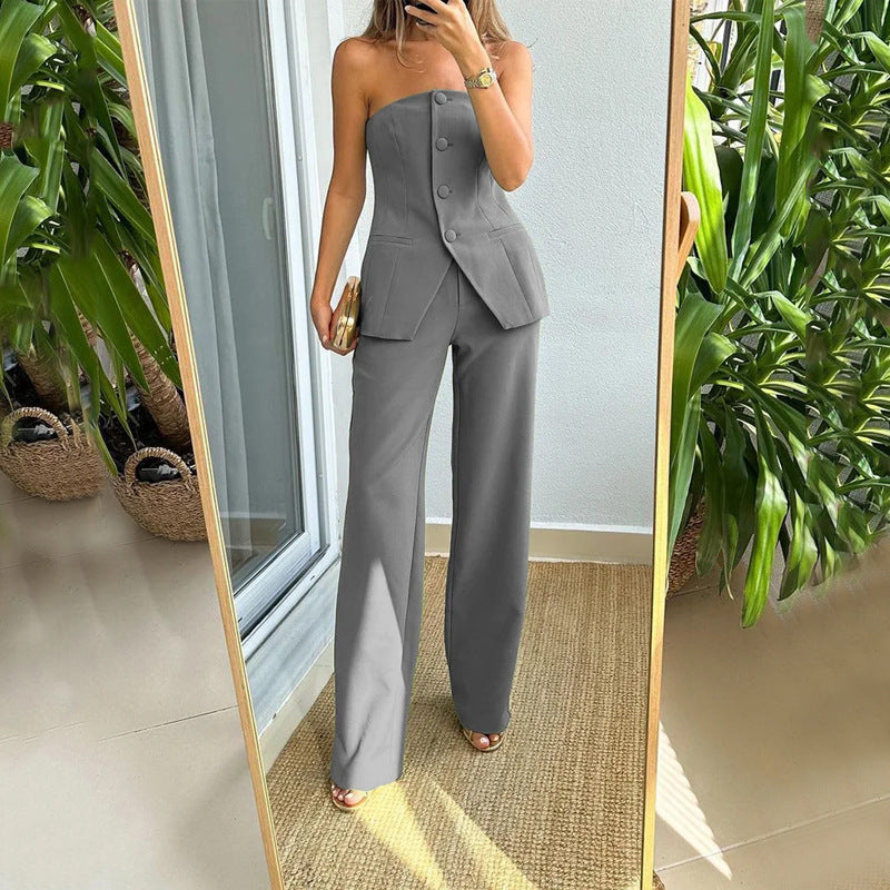 Fashion Strapless Tops and Wide Leg Pants Outfits