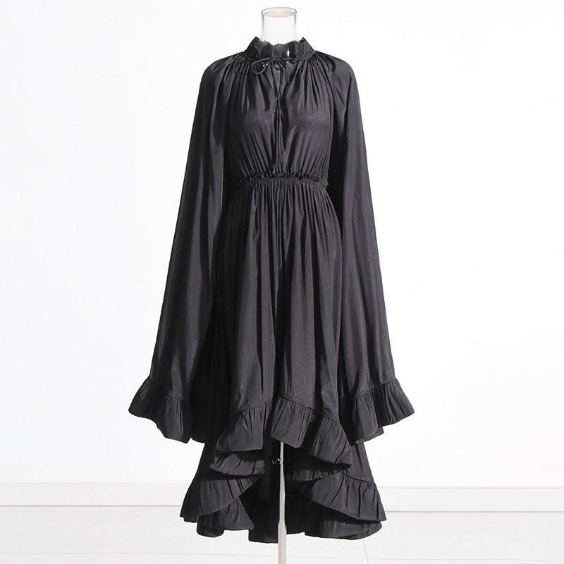 Designed V Neck Ruffled Long Sleeves Cloak Dresses