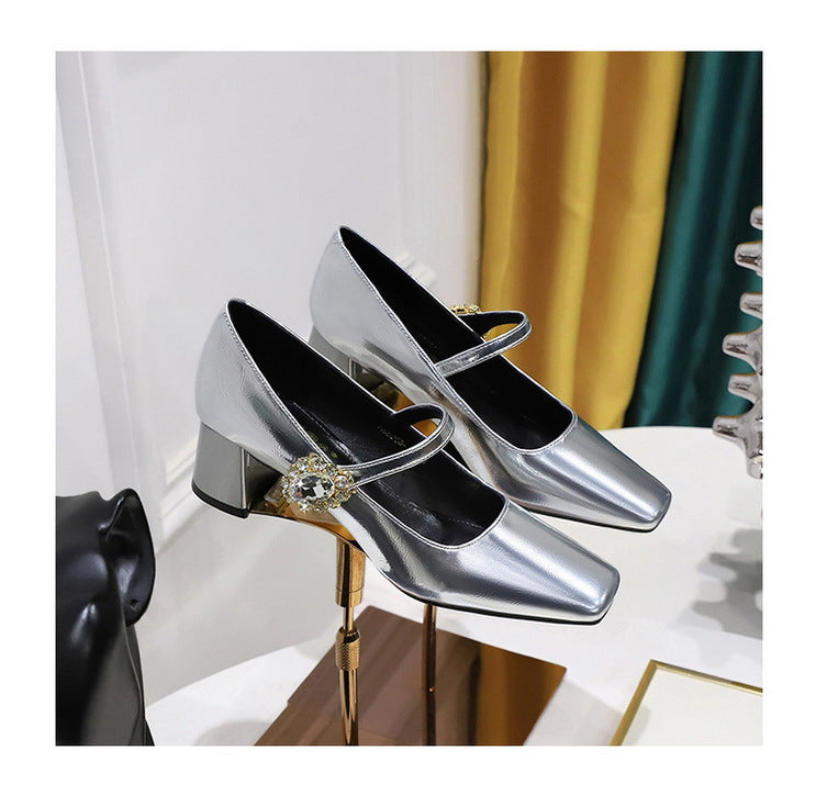 Women's Flat Heels Square Head Rhinestone Buckle Shoes