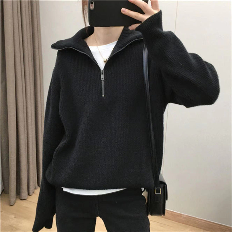 Casual Turnover Zipper Pullover Women Sweaters