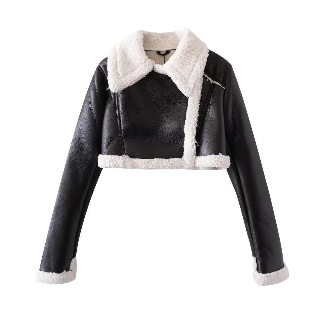 Fashion Designed Leather with Fur Short Motorcycle Coats Jacket