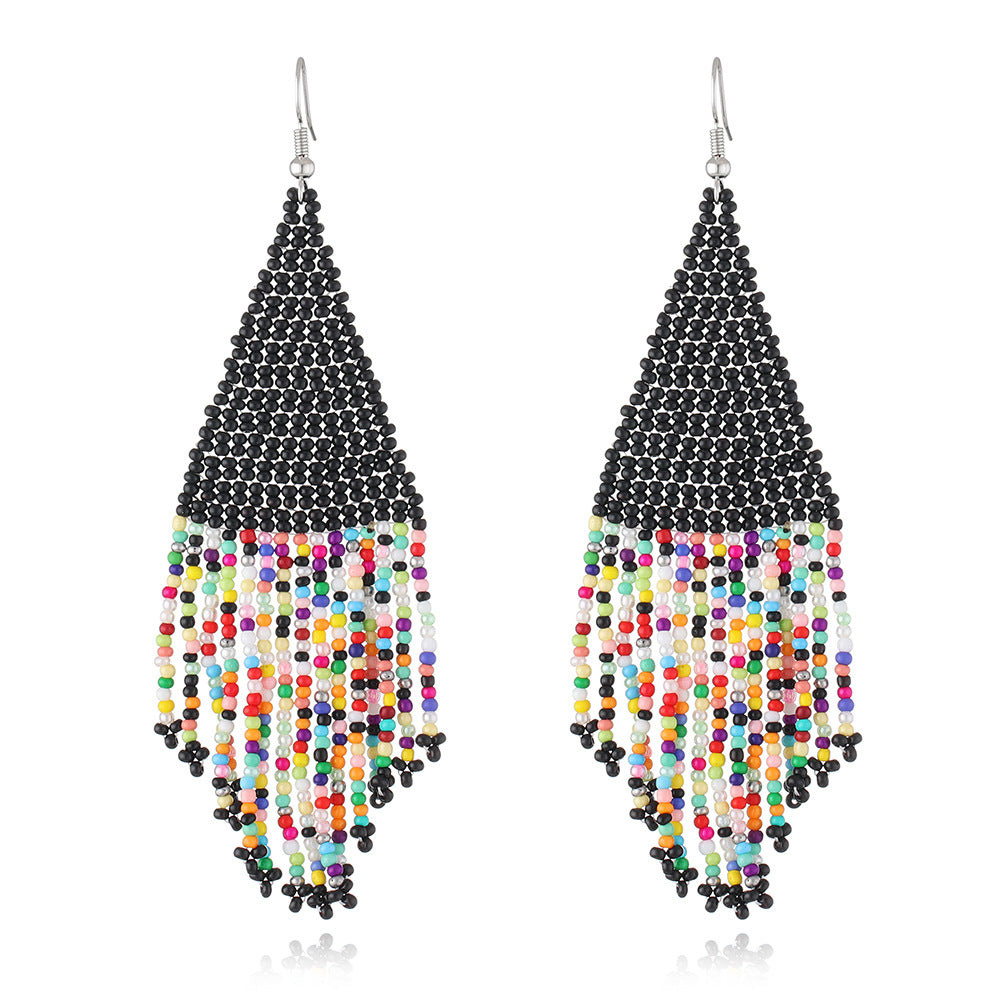 Ethnic Colored Rice Bead Earrings Femininity Bohemian Hand-woven Long Fringed Earrings