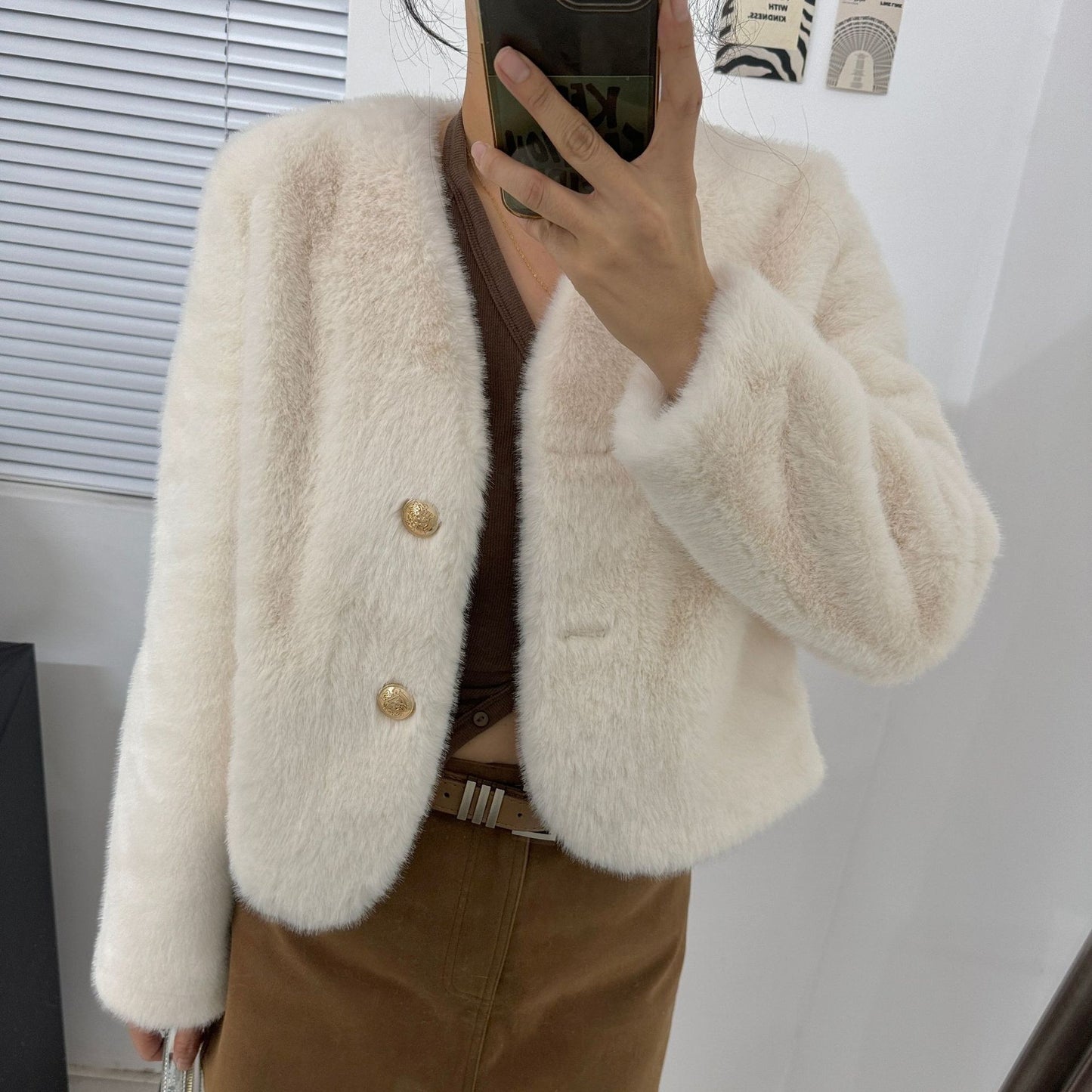 Fashion V Neck Faux Fur Short Coats