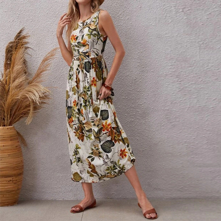 Fashion Floral Print Sleeveless Summer Long Dresses