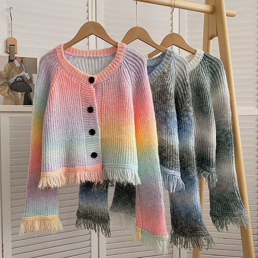 Designed Gradient Color Tassels Long Sleeves Sweaters