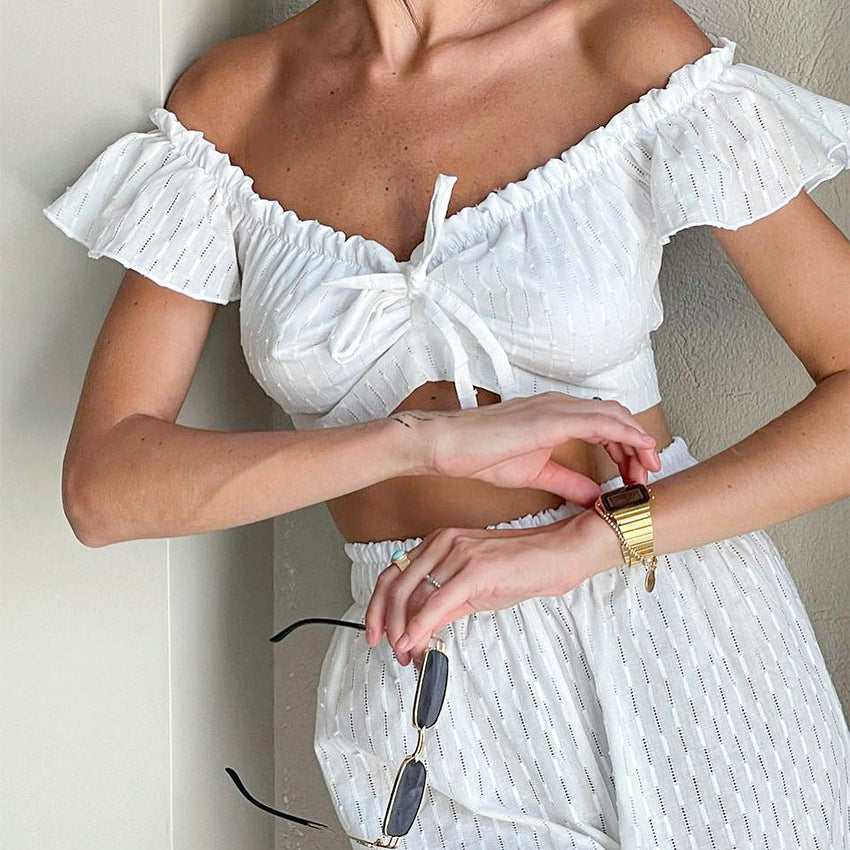 Sexy Designed Ruffled White Two Pieces Sets for Women