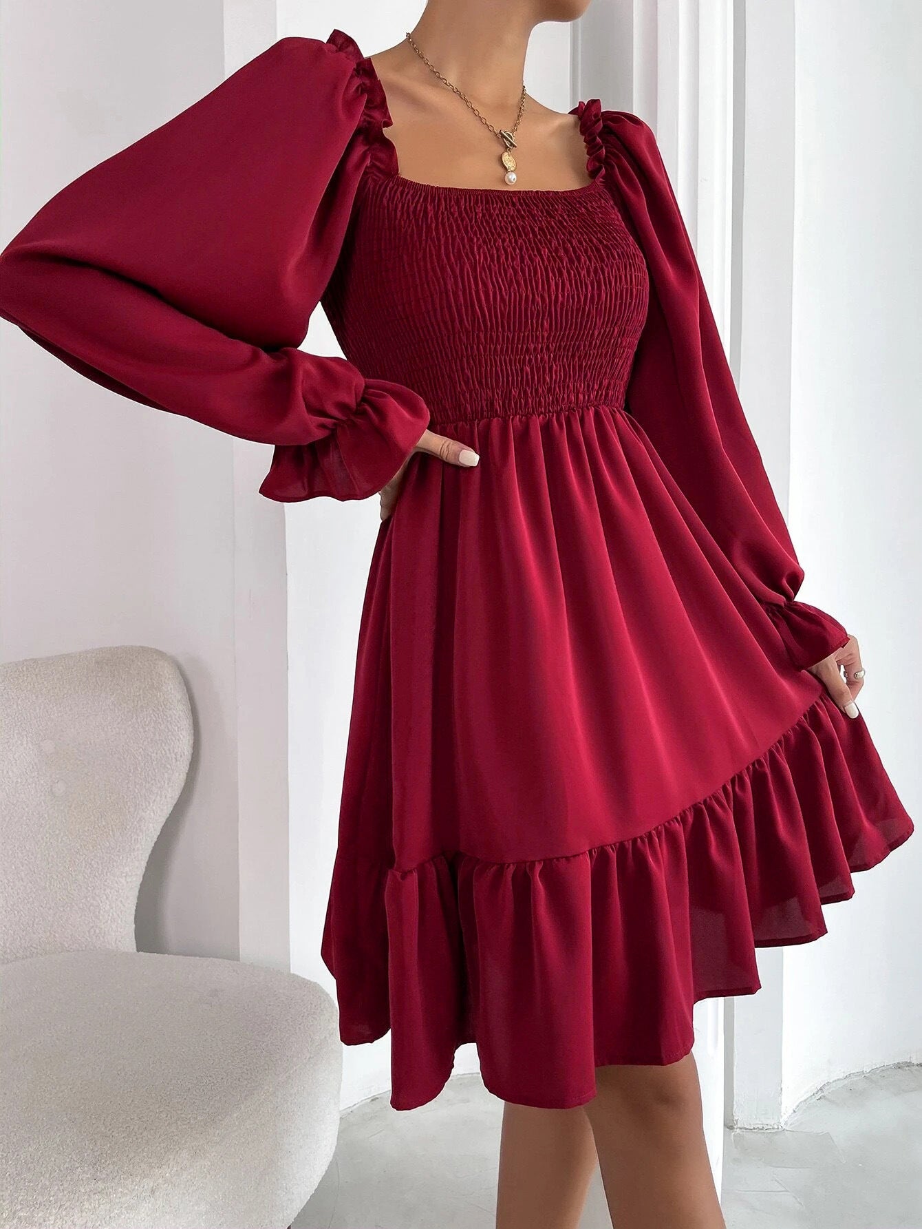 Elegant Square Neckline Long Sleeves Short Dresses