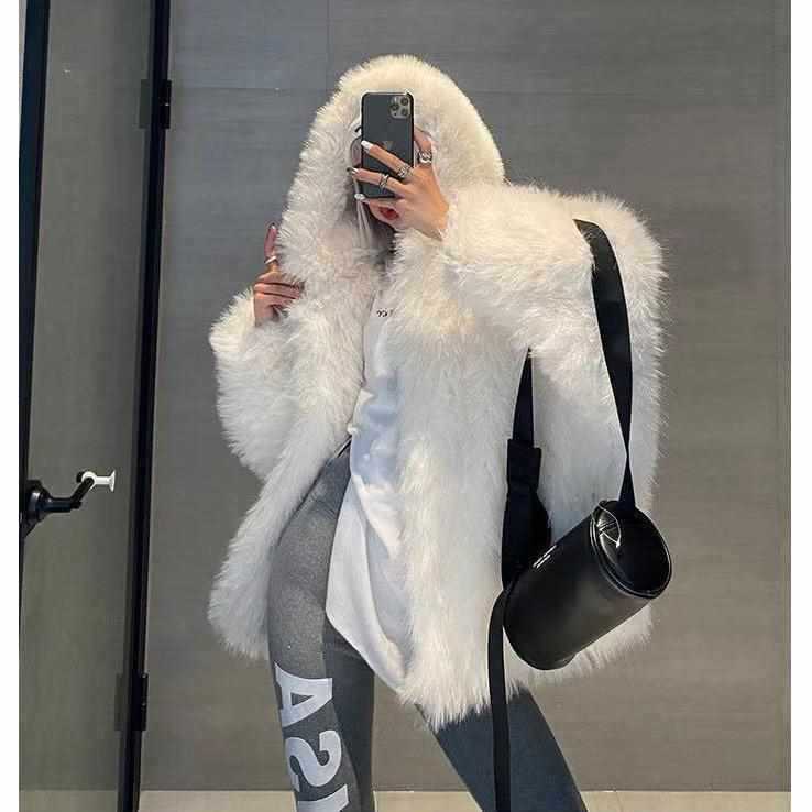 Casual Faux Fox Fur Overcoats for Women