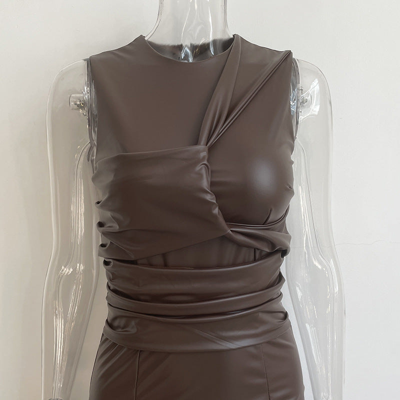 Vintage Irregular PU Leather Sleeveless Long Dresses