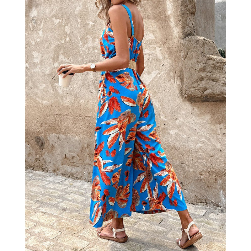 Fashion Floral Print Summer Jumpsuits with Belt